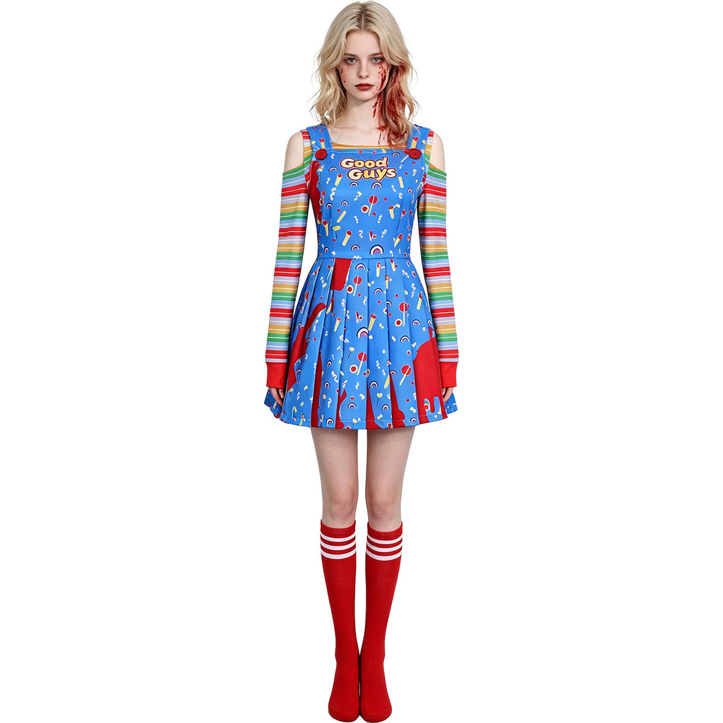 Chucky Horror Movie Character Cosplay Dress Blue Women's Halloween Costume Ready