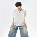 White Textured Hollow-Out V-Neck Short Sleeve T-Shirt for Men