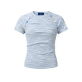 Women's Slim Fit Round Neck Short Sleeve Small Color Block Pleated Button T-Shirt