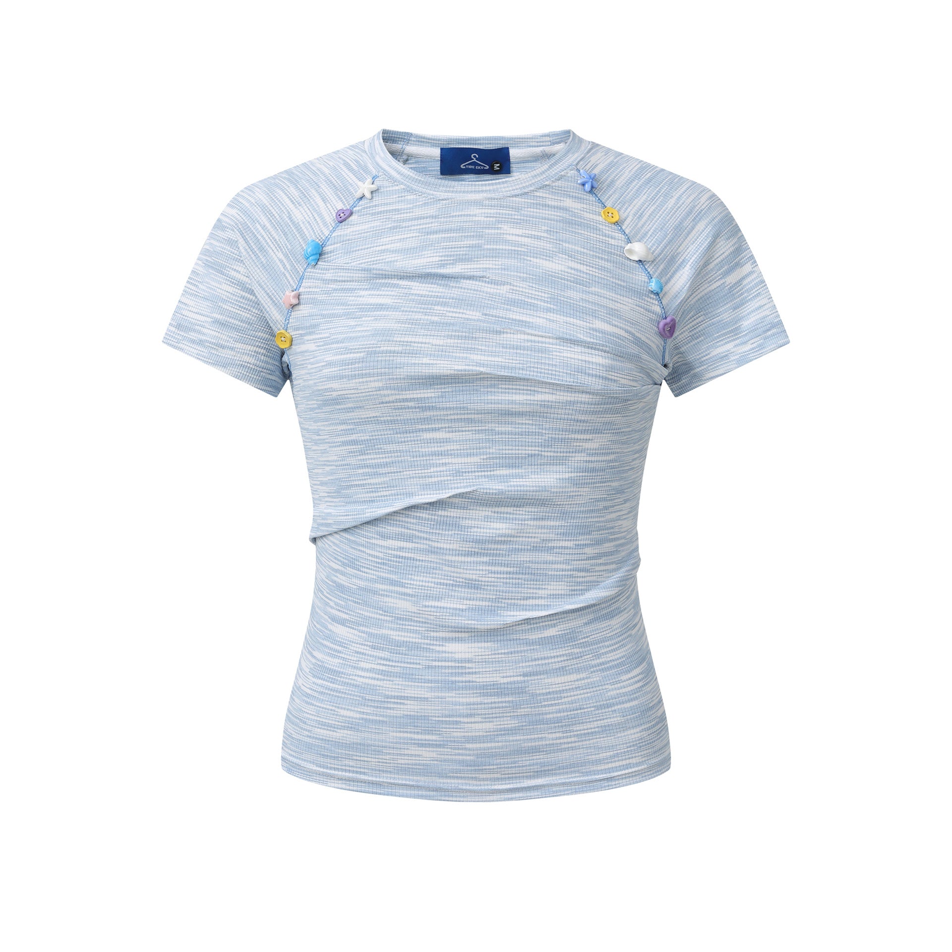 Women's Slim Fit Round Neck Short Sleeve Small Color Block Pleated Button T-Shirt