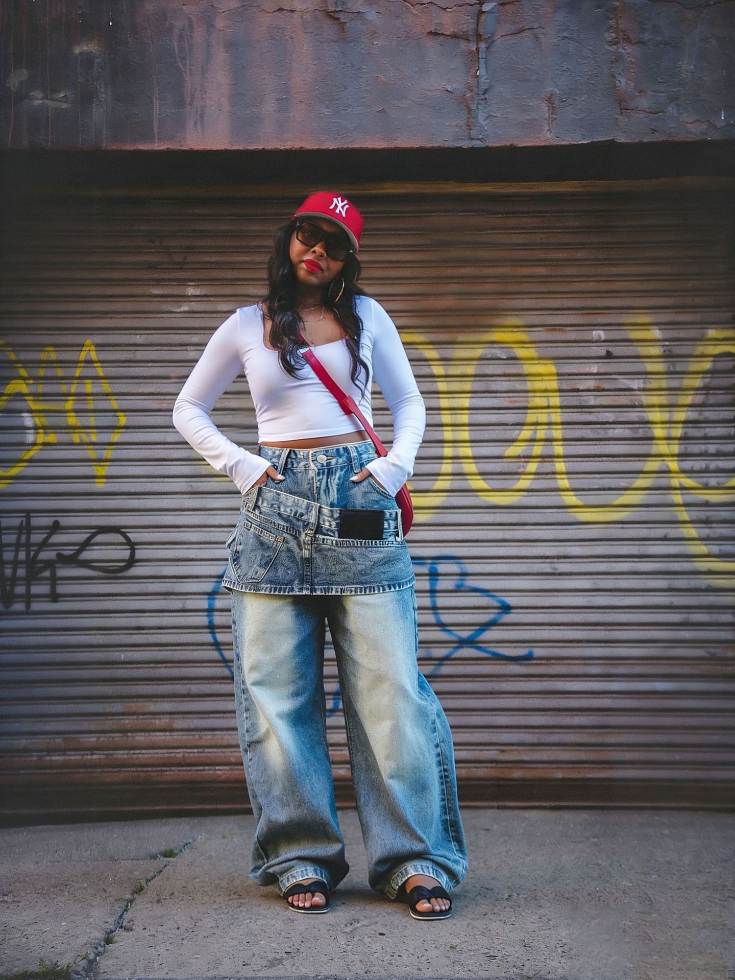 Washed Vintage Fake Two-Piece Hem Women's Jeans
