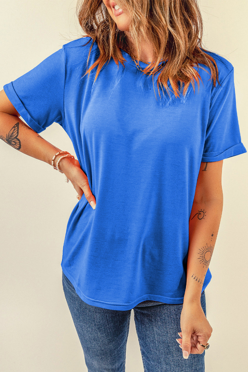 Sachet Pink Solid Color Basic Crew Neck Plain Tee