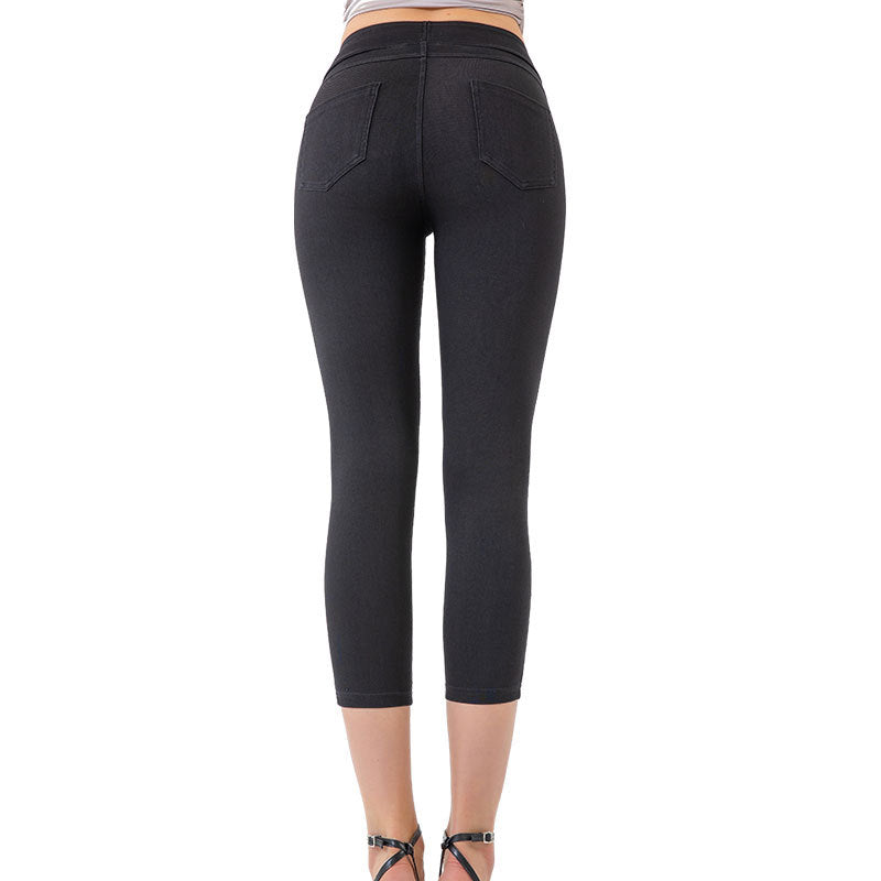 Yoga Denim Capri Pants for Women Low Waist Slim Fit High Elastic Tummy Control Fitness Casual Pants