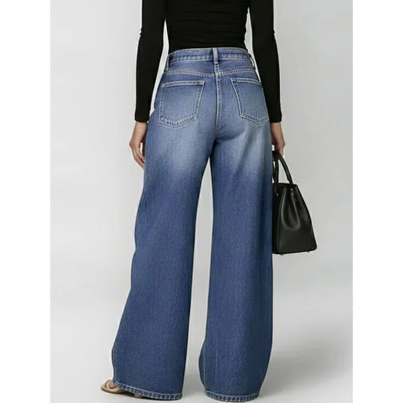 New jeans for women, metal eyelet design, casual loose high-waisted wide-leg jeans