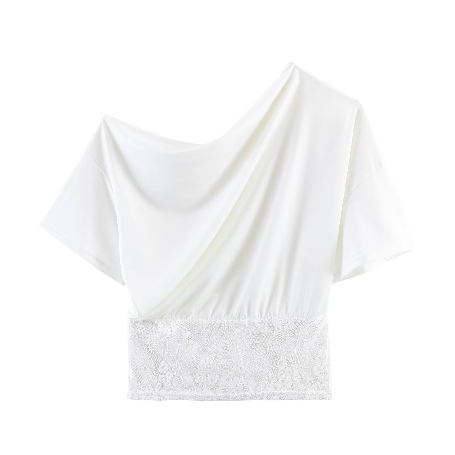 Spicy girl sexy lace patchwork sloping shoulder waistband top