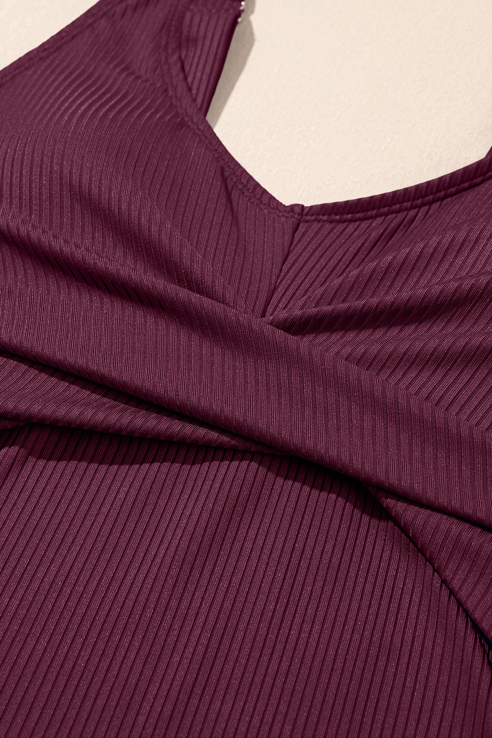 Burgundy Ribbed Knit Crossed Detail Tank Skort 2pcs Swimsuit
