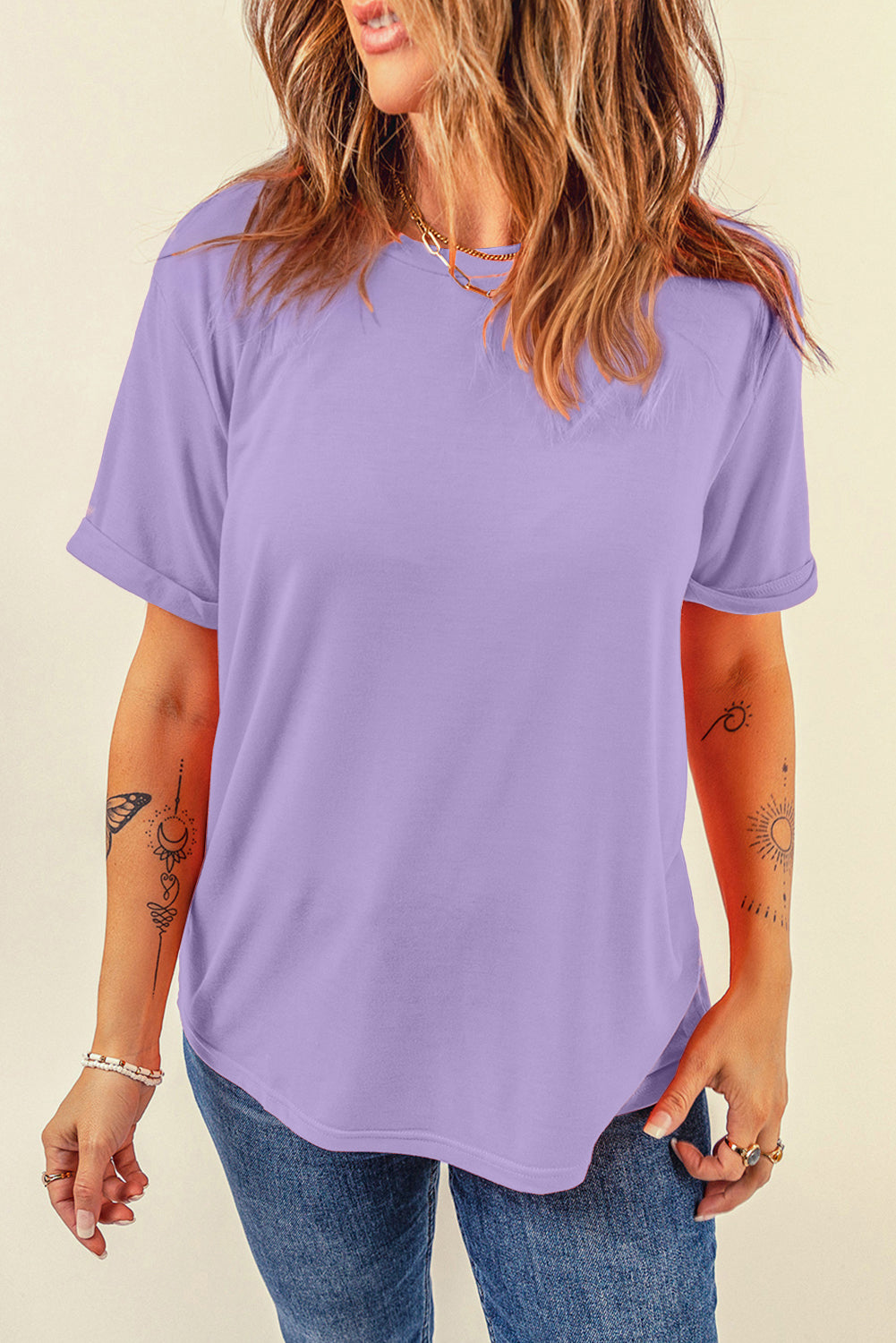 Sachet Pink Solid Color Basic Crew Neck Plain Tee