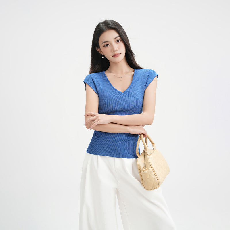 Blue V-Neck Collar-Baring Knit Short Sleeve T-Shirt for Women Lightweight Sheer