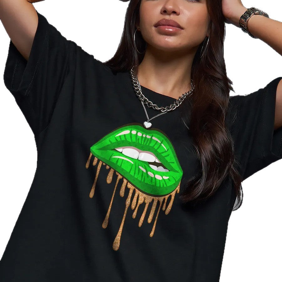 Lips pattern round neck short sleeved loose T-shirt for women