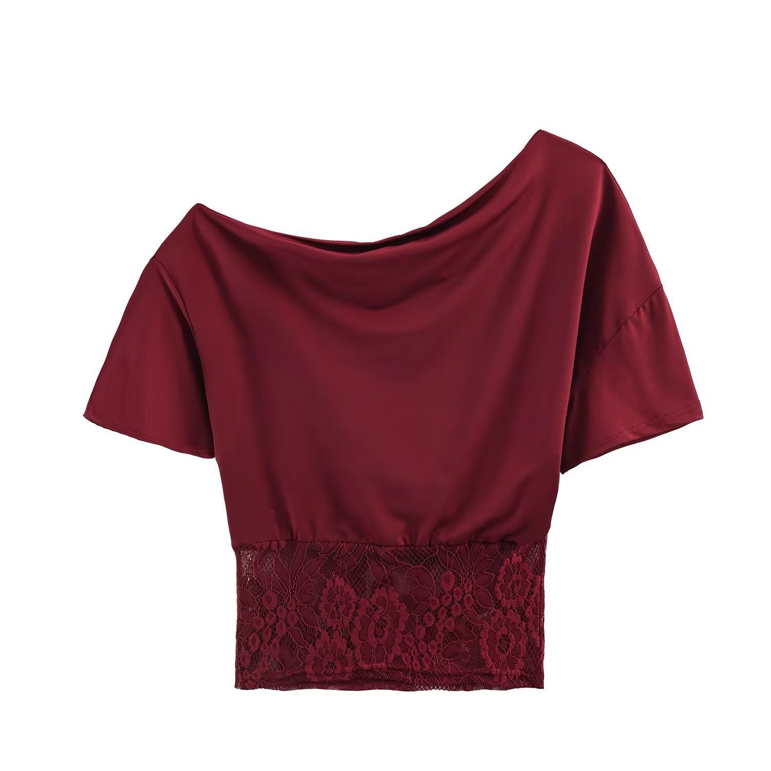 Spicy girl sexy lace patchwork sloping shoulder waistband top
