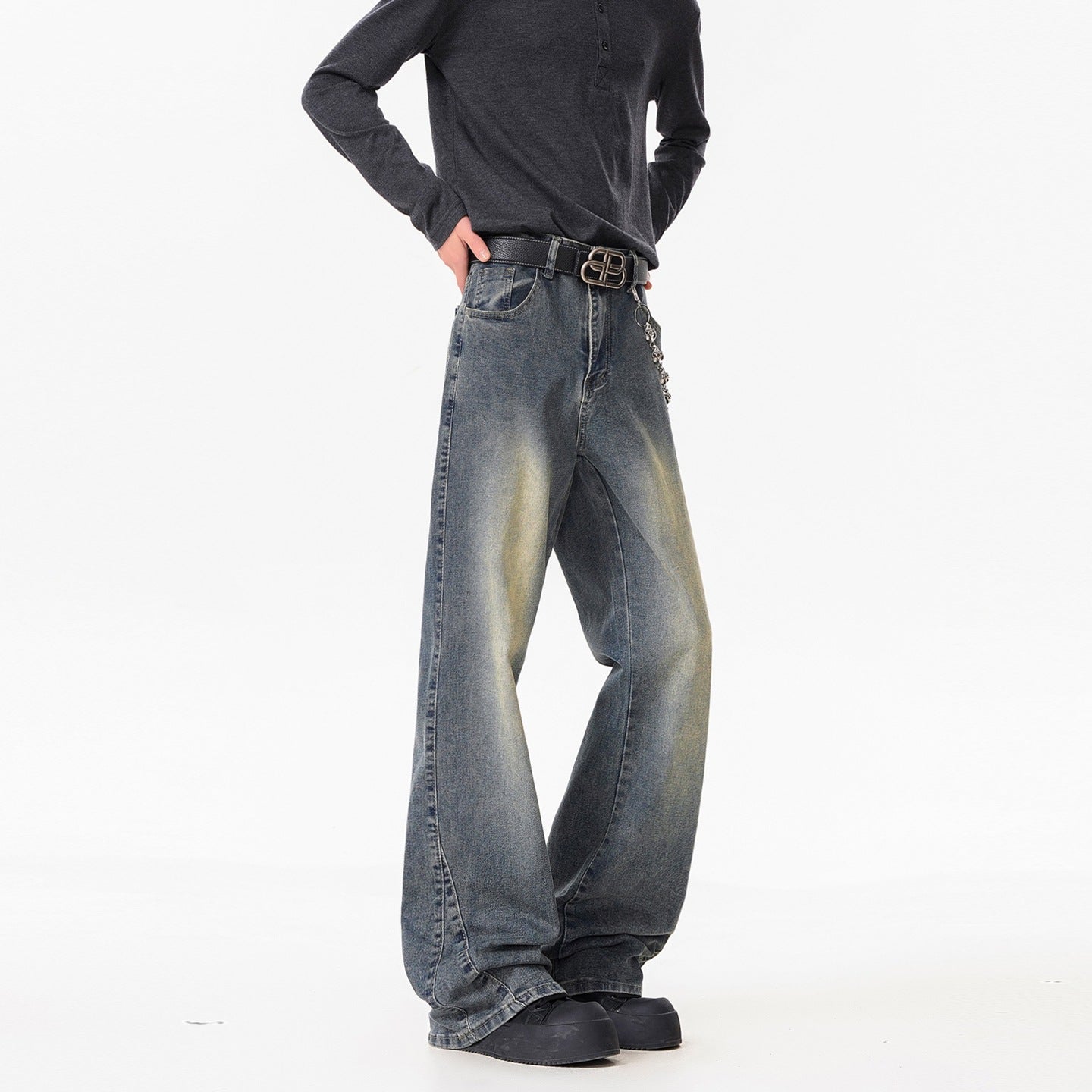 Texture Washed Knife-Edge Denim Pants Men