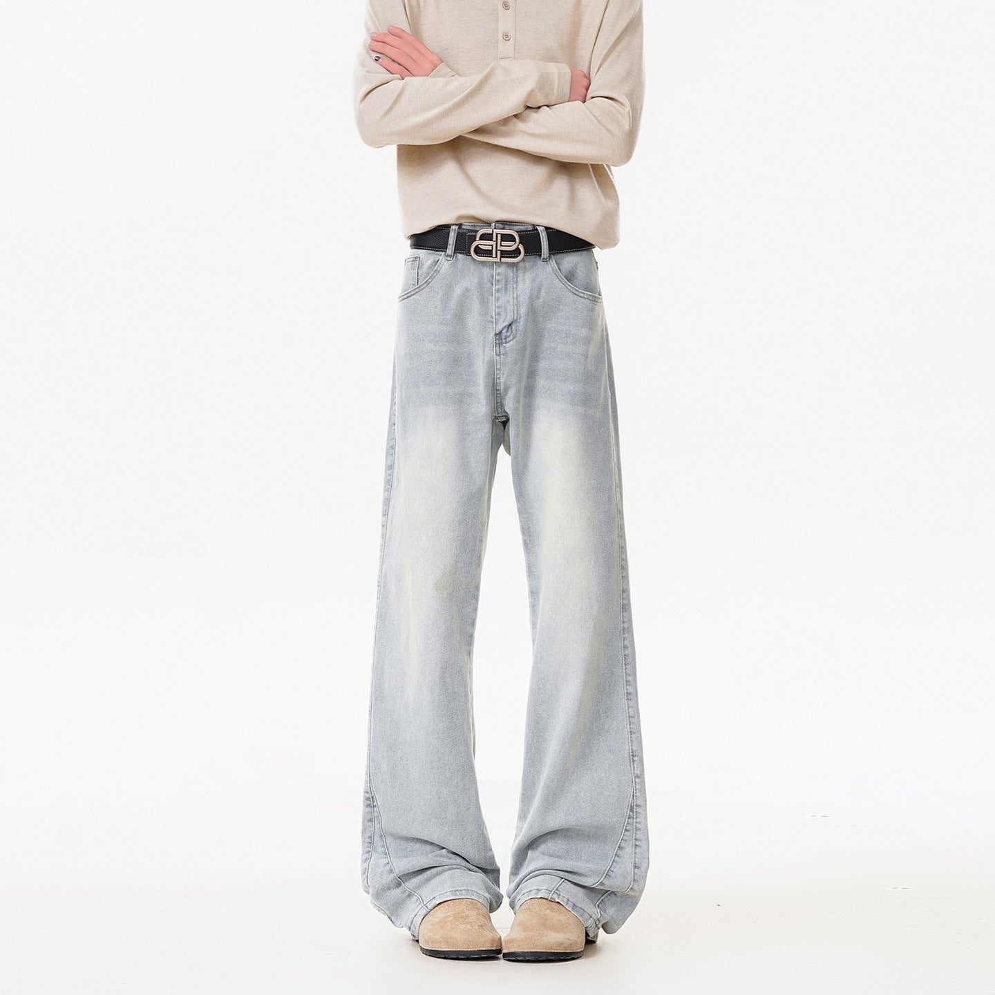 Texture Washed Knife-Edge Denim Pants Men