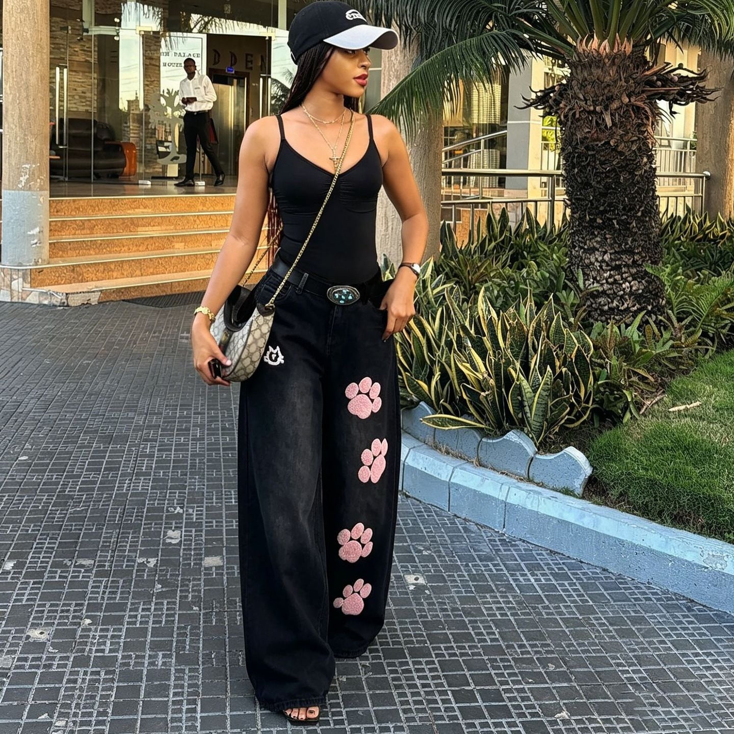 Cat Paw Embroidery Wide Leg Jeans