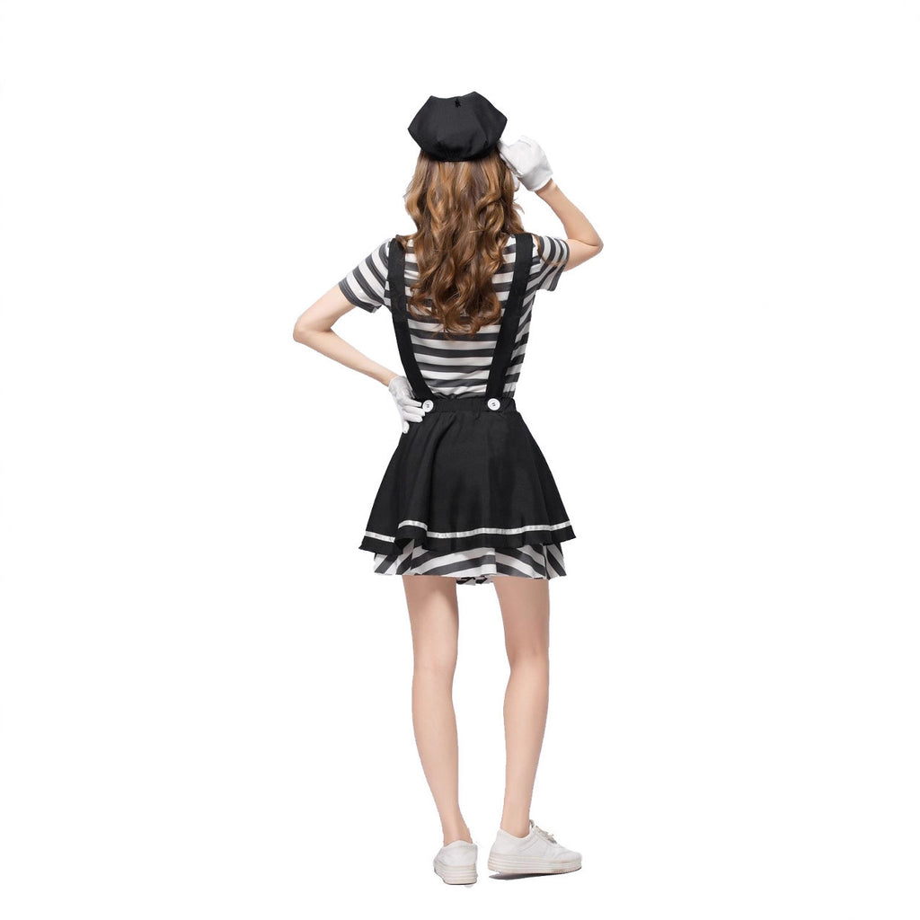 Halloween Striped Prisoner Costume Stage Mime Clown Tutu Dress Role Play Cosplay Costume