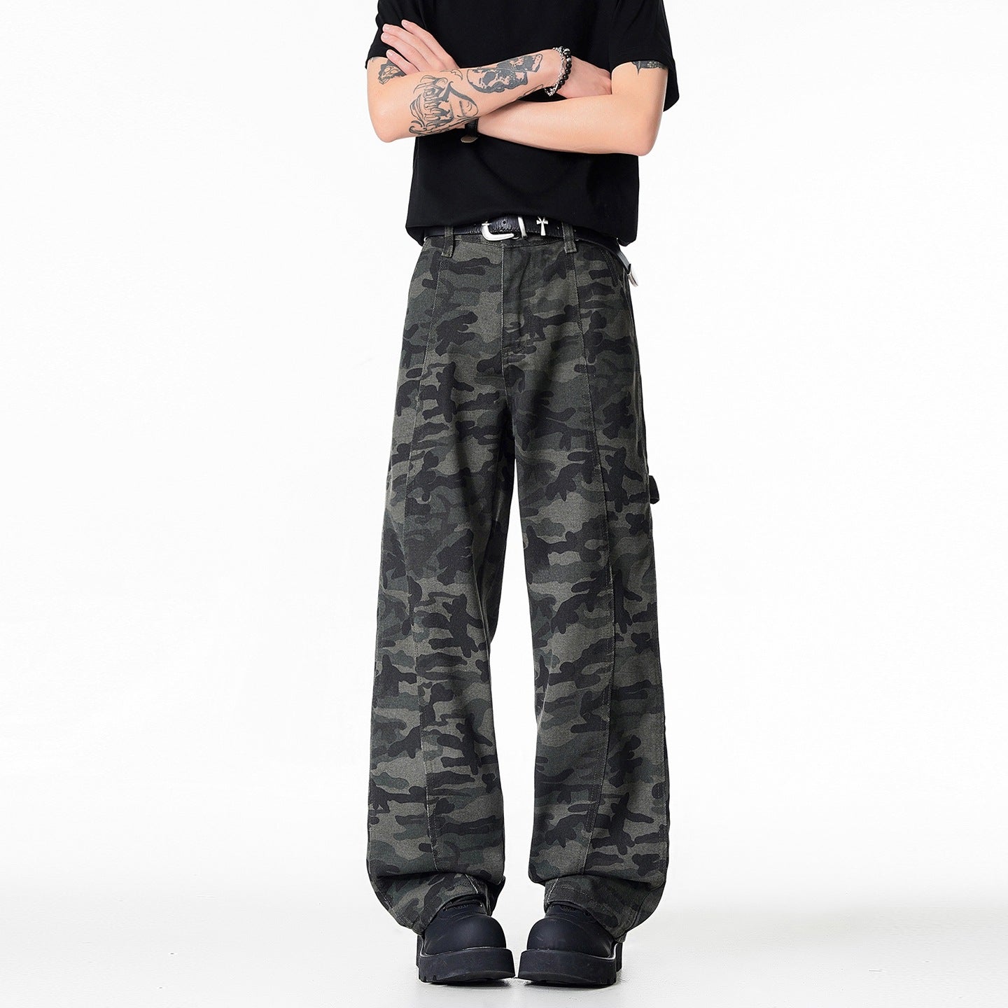 Street Style Camouflage Denim Pants Men Loose Straight Leg Floor-Length Cargo Pants