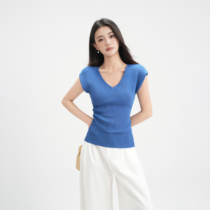 Blue V-Neck Collar-Baring Knit Short Sleeve T-Shirt for Women Lightweight Sheer