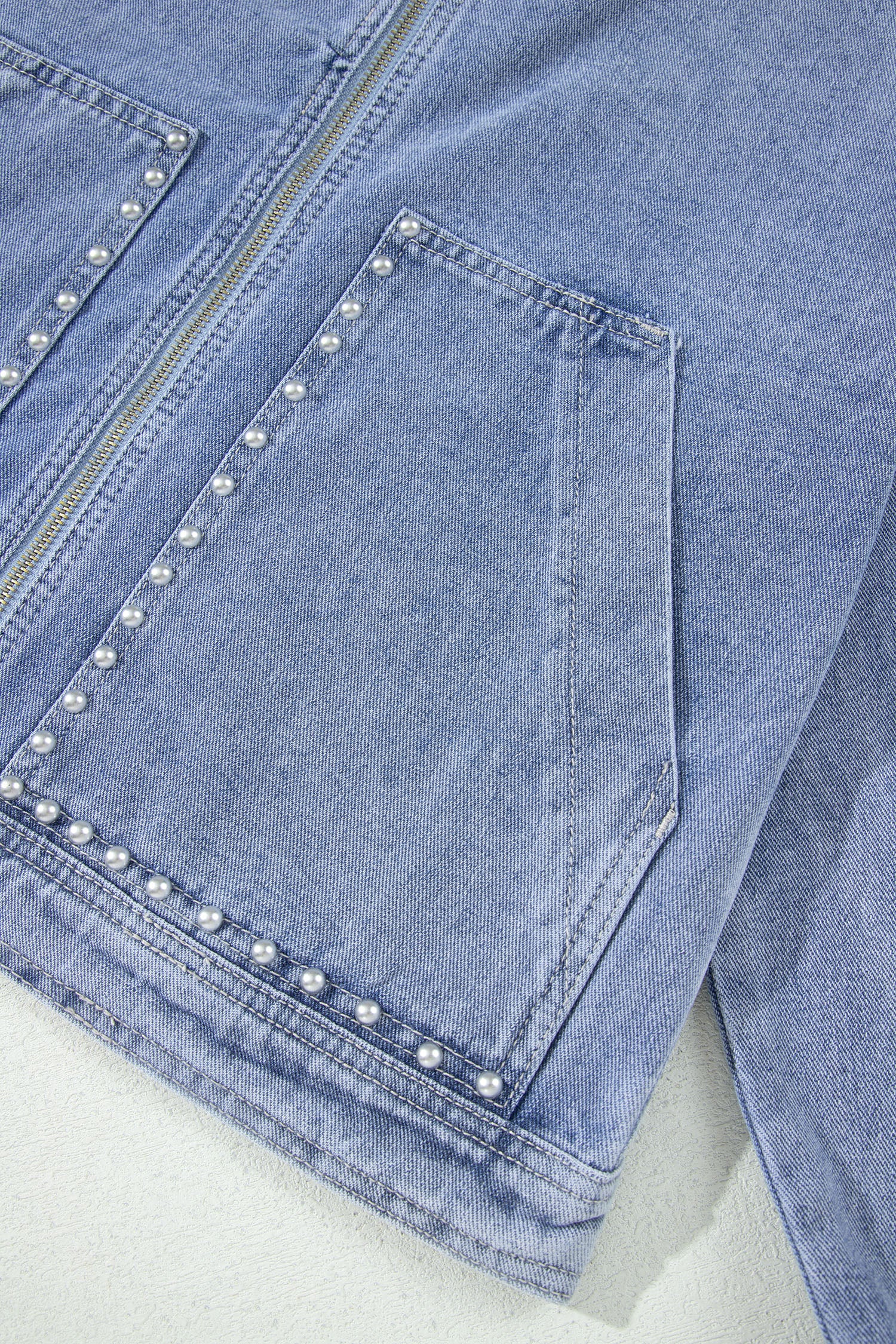 Beau Blue Studded Metal Zipper Rivet Pockets Long Sleeve Denim Jacket