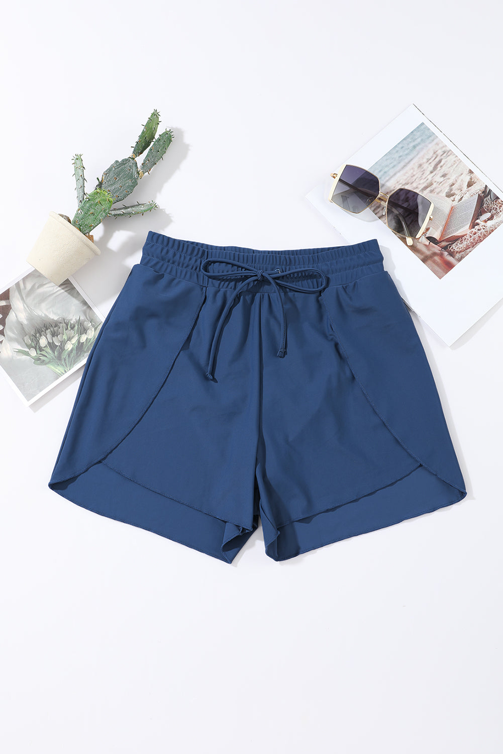 Black Solid Color 2-in-1 Drawstring Elastic Waist Swim Shorts