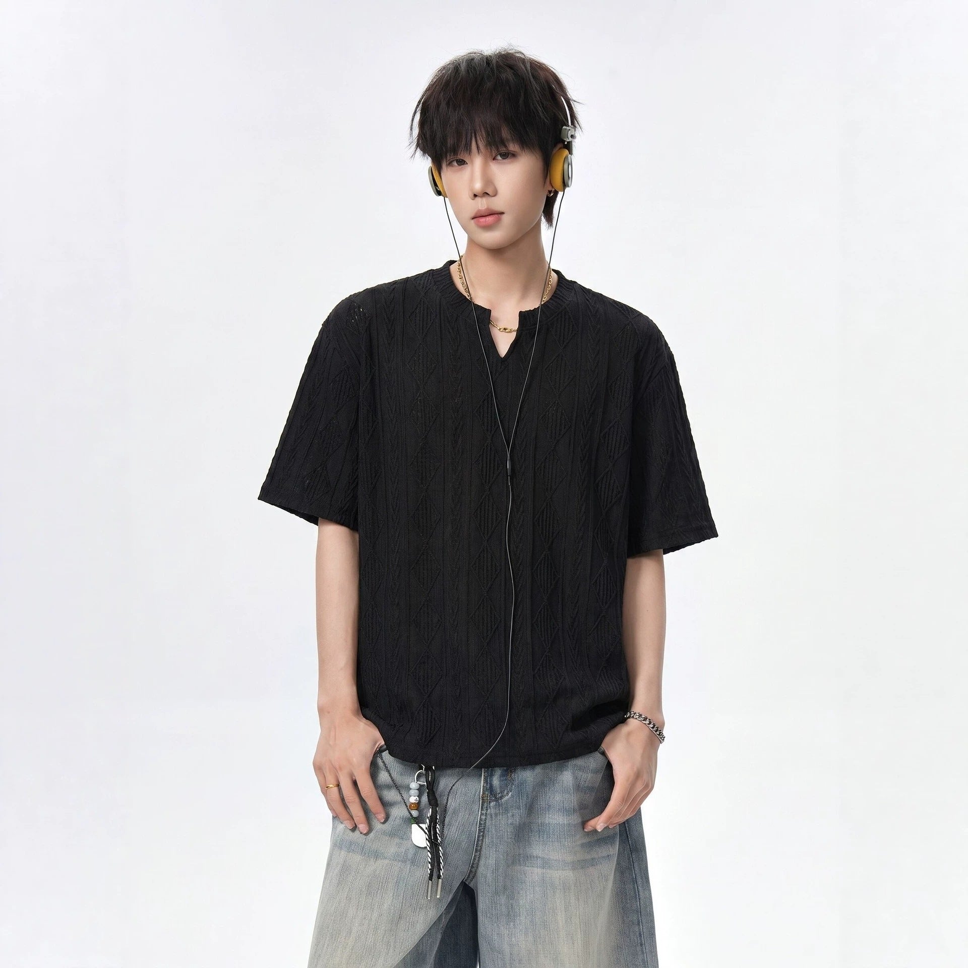 White Textured Hollow-Out V-Neck Short Sleeve T-Shirt for Men