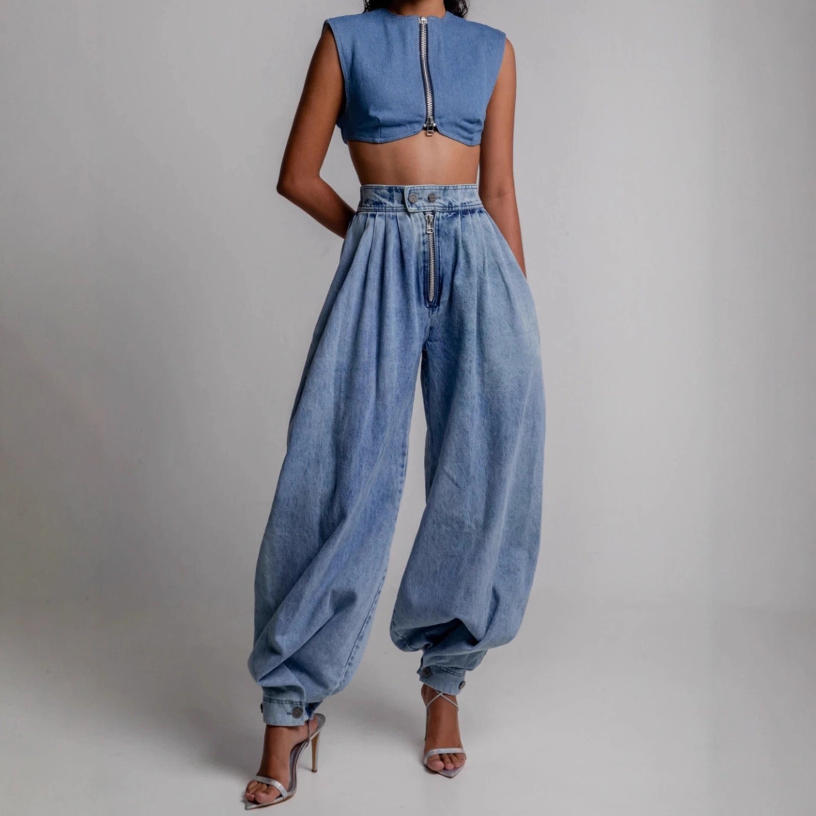 High waisted zipper leg tied jeans for women