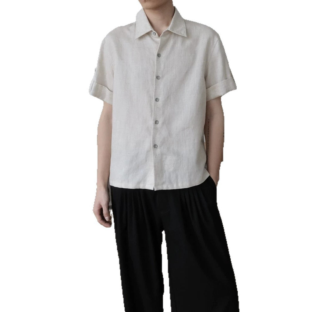 Linen Tencel Lyocell Classic Fit Cuffed Button-Up Casual Short Sleeve Shirt