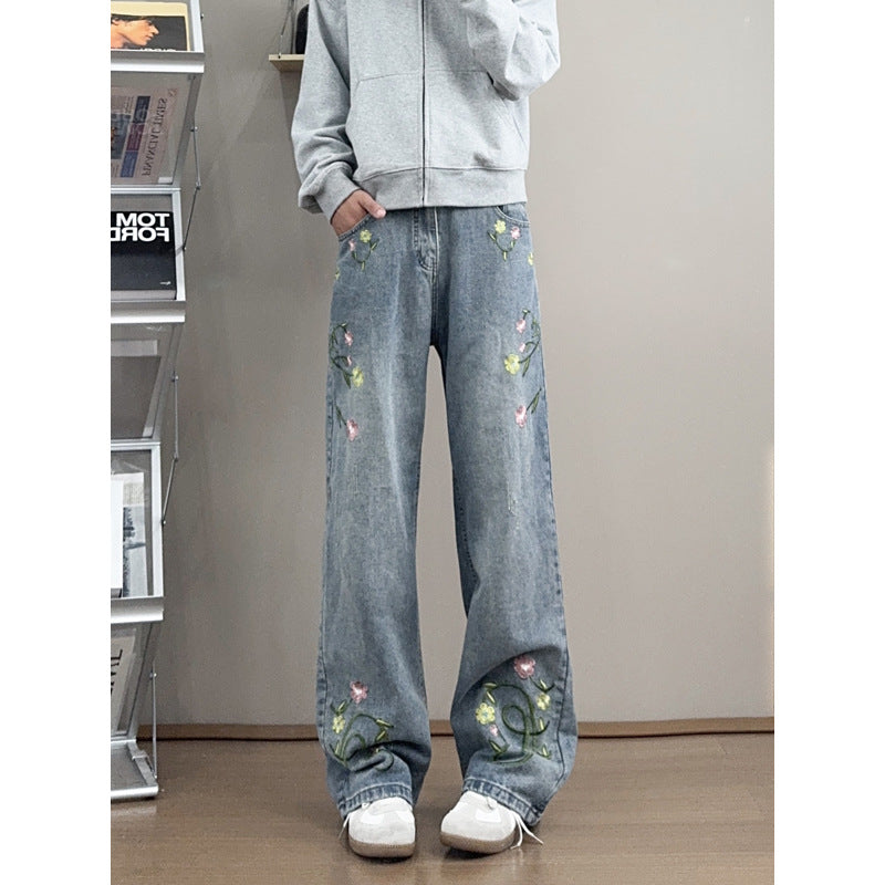 Blue Embroidered Jeans Straight Leg Jeans