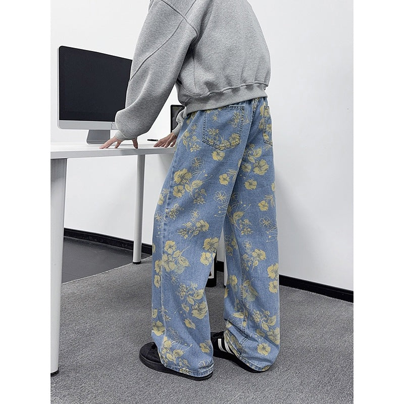 Floral Print Denim Pants Men Wide Leg Pants
