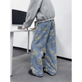 Floral Print Denim Pants Men Wide Leg Pants