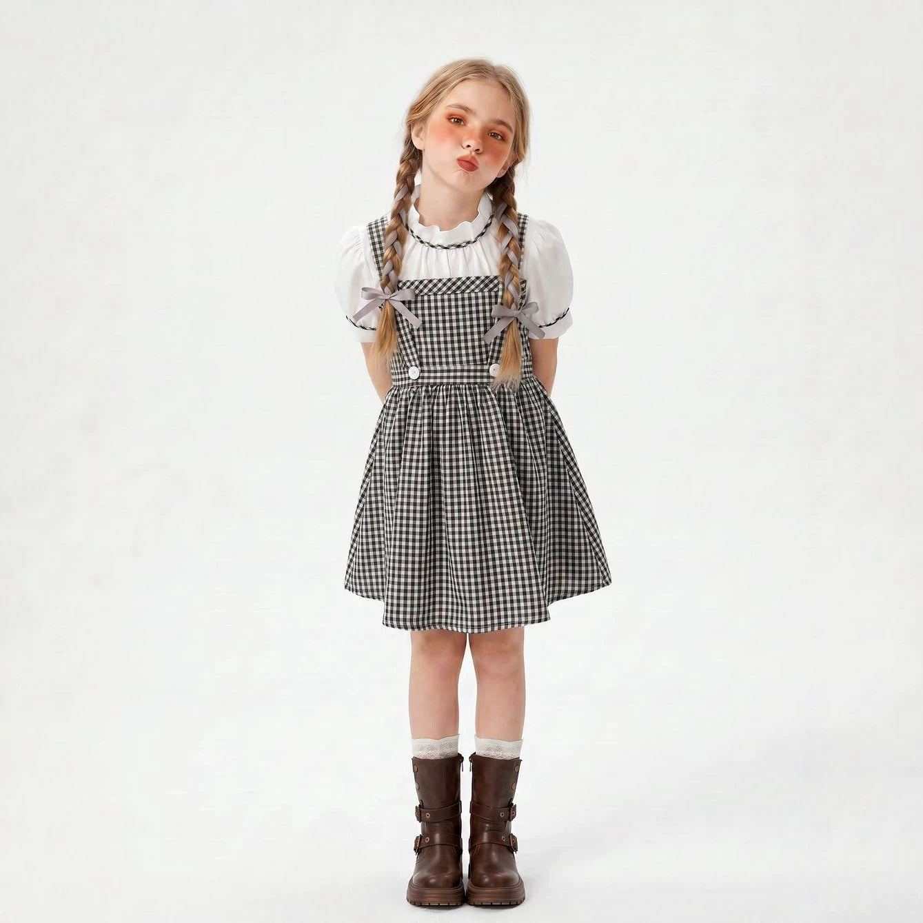 Vintage Mother-Daughter Matching Outfits Summer Black and White Checkered Overall Dress Set French Countryside Photo Shoot Mother-Daughter