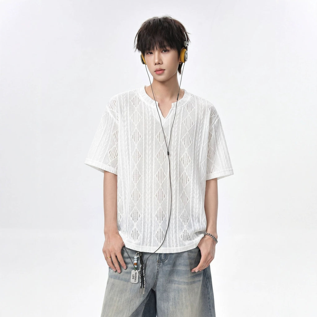White Textured Hollow-Out V-Neck Short Sleeve T-Shirt for Men