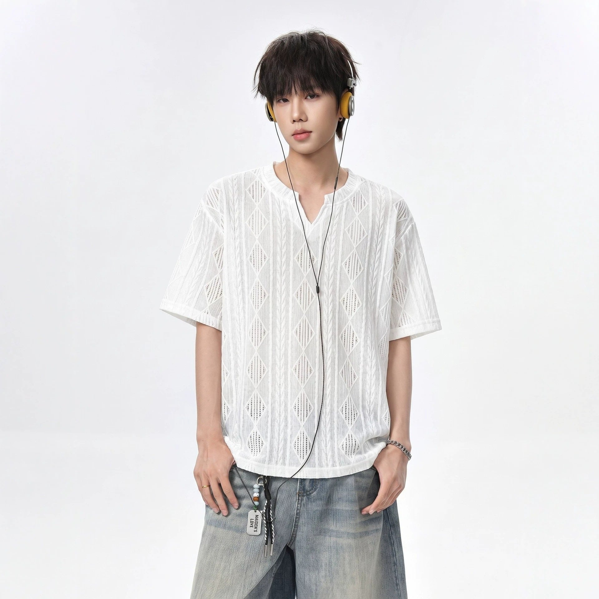 White Textured Hollow-Out V-Neck Short Sleeve T-Shirt for Men