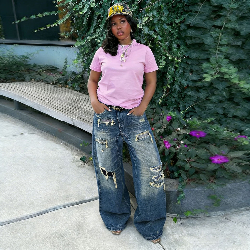 Street Style Ripped Distressed Painted Washed Denim Pants