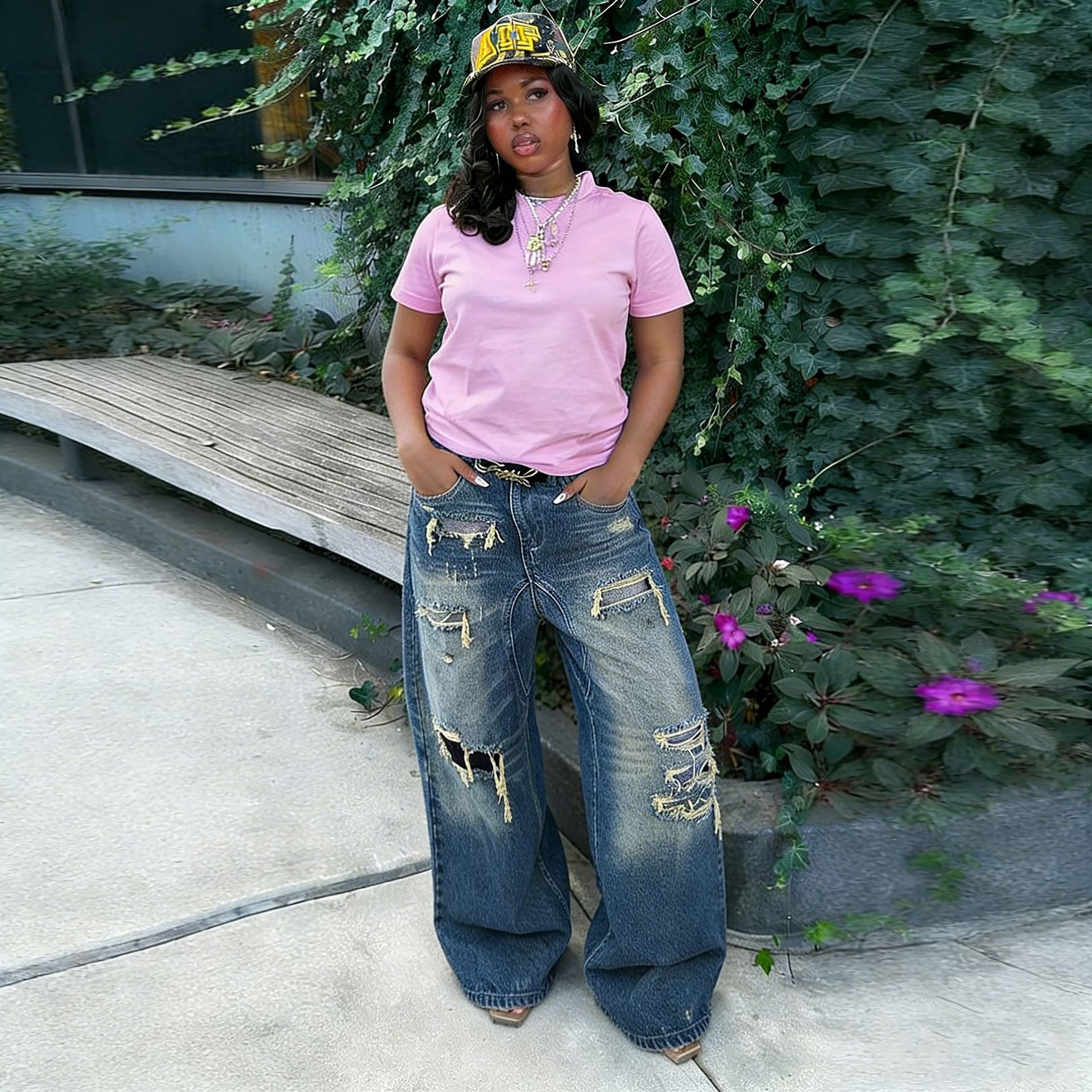 Street Style Ripped Distressed Painted Washed Denim Pants
