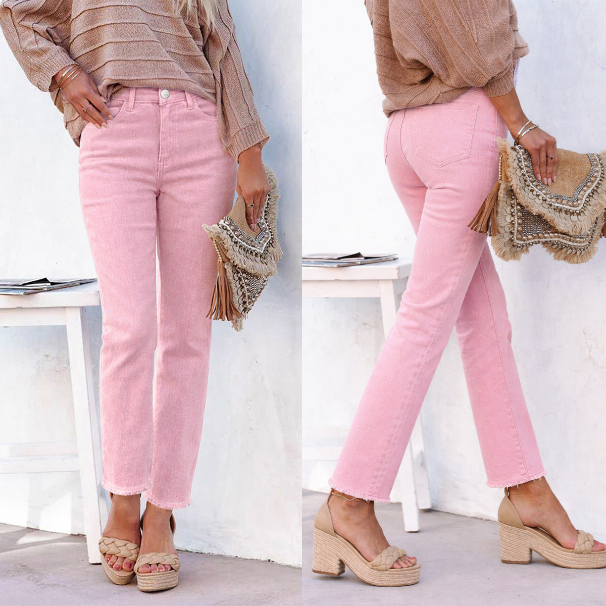 Straight Leg Ankle-Length White Raw Hem Denim Pants T Casual Wear