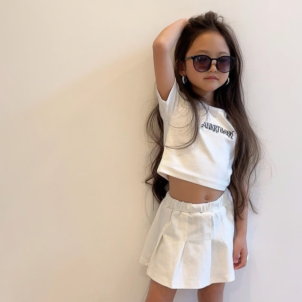 Kids Outfits for Girls, School Style Dress Set, Short Sleeve T-Shirt with Puffy Tennis Skirt