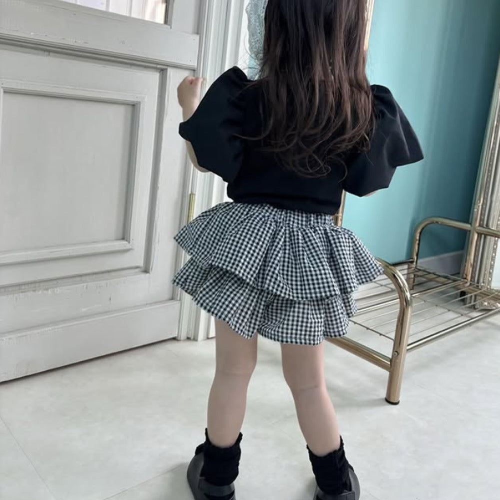 Girls Checkered Skirt Pants Children's Puffy Princess Dress