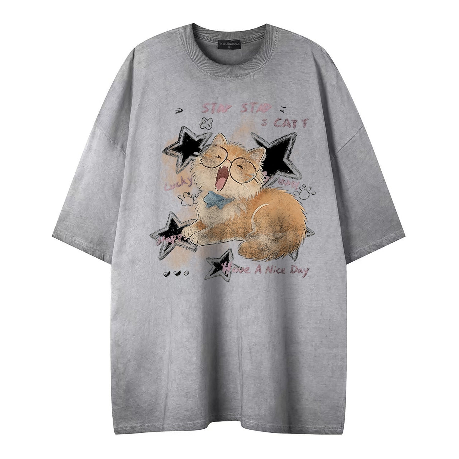 Soft and cute orange cat printed short sleeved shirt