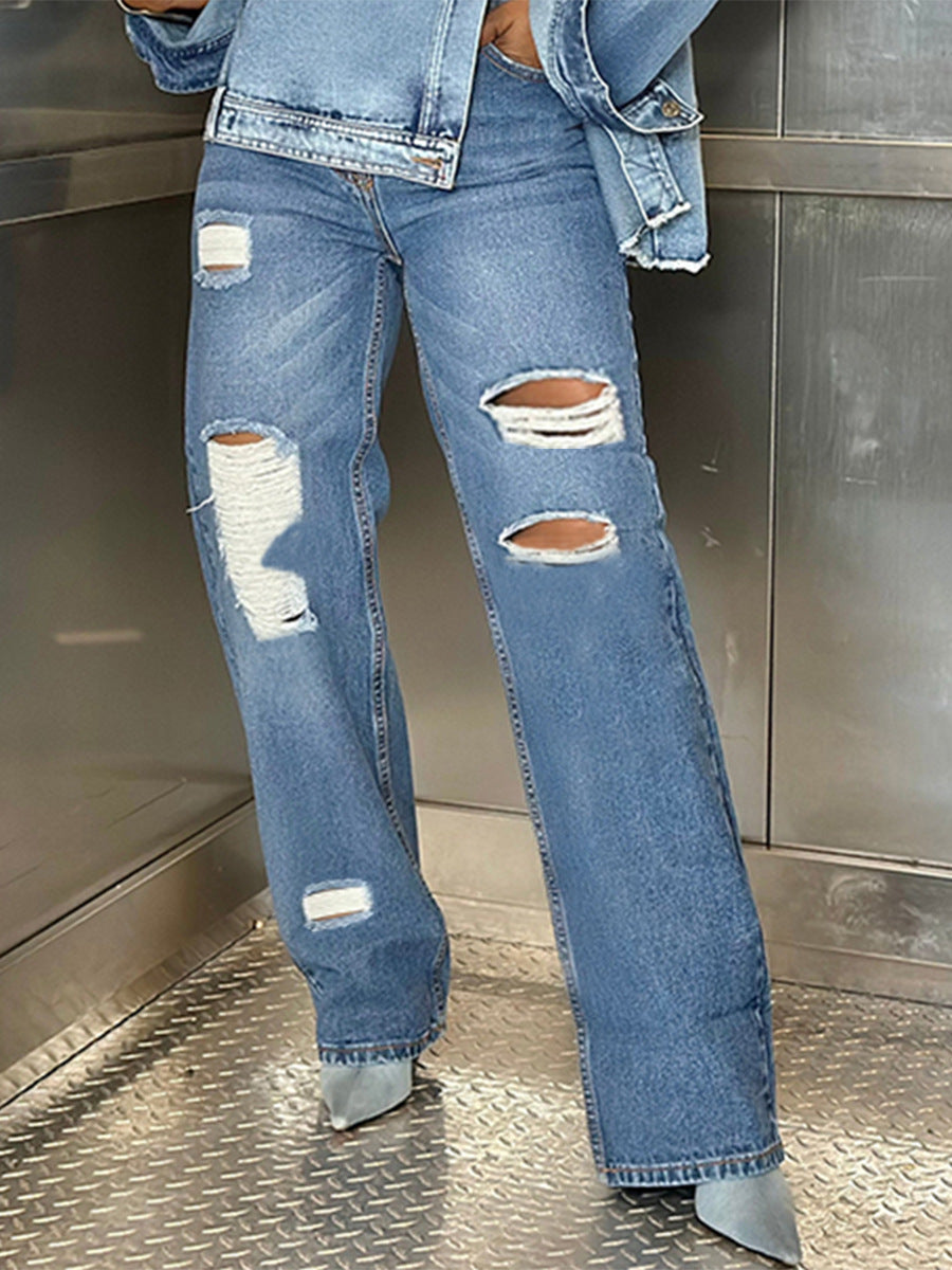 Street Style Ripped Washed Straight Leg Jeans