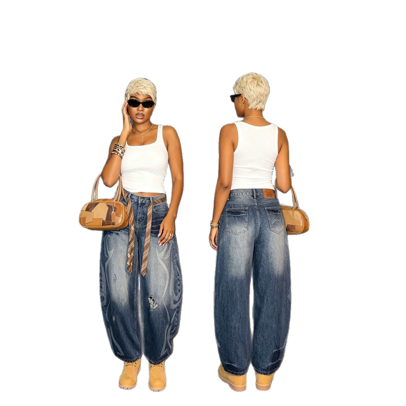 Washed Cat-Whisker Distressed Knife-Cut Denim Pants with Oversized Silhouette