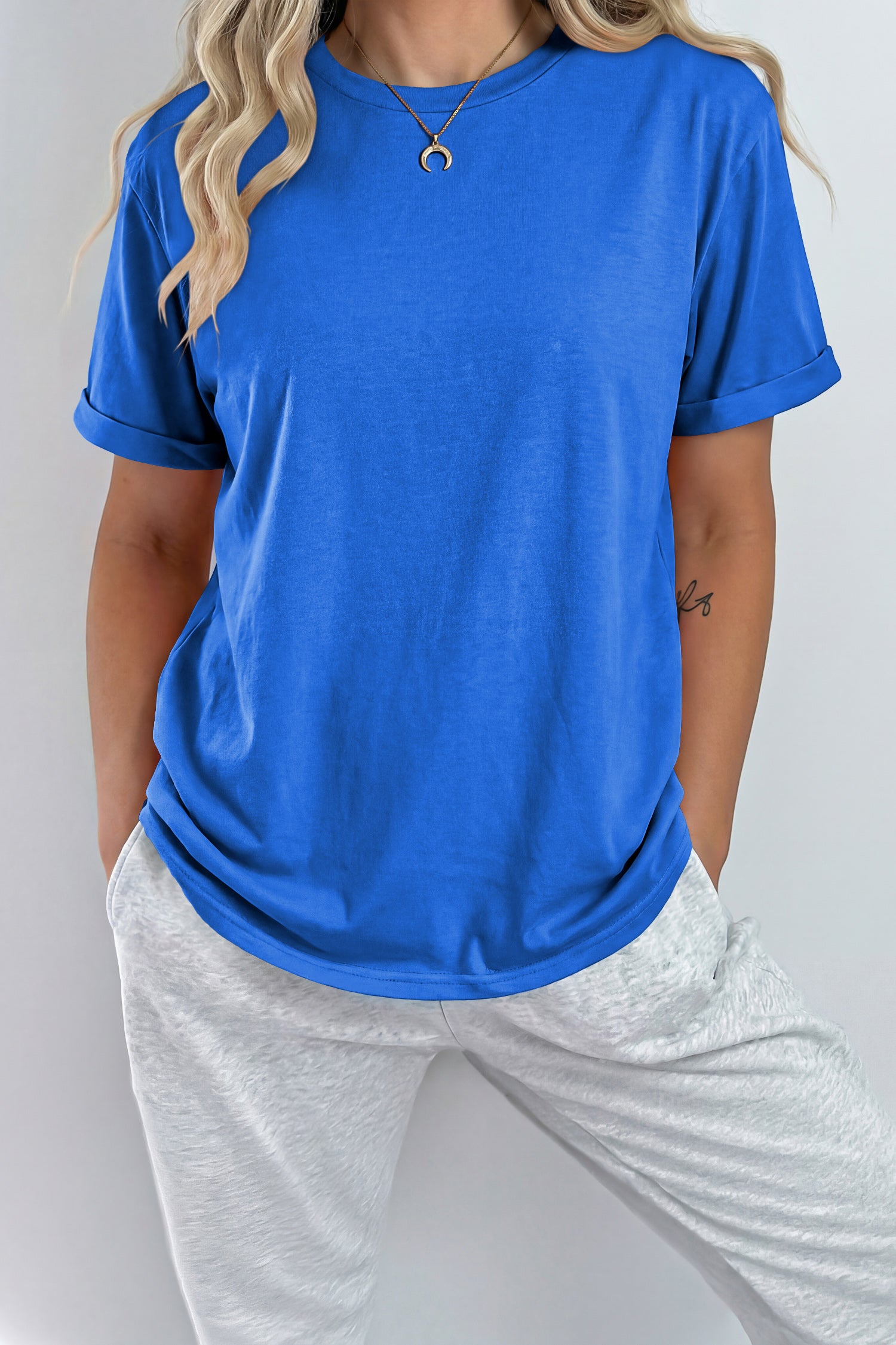 Sachet Pink Solid Color Basic Crew Neck Plain Tee