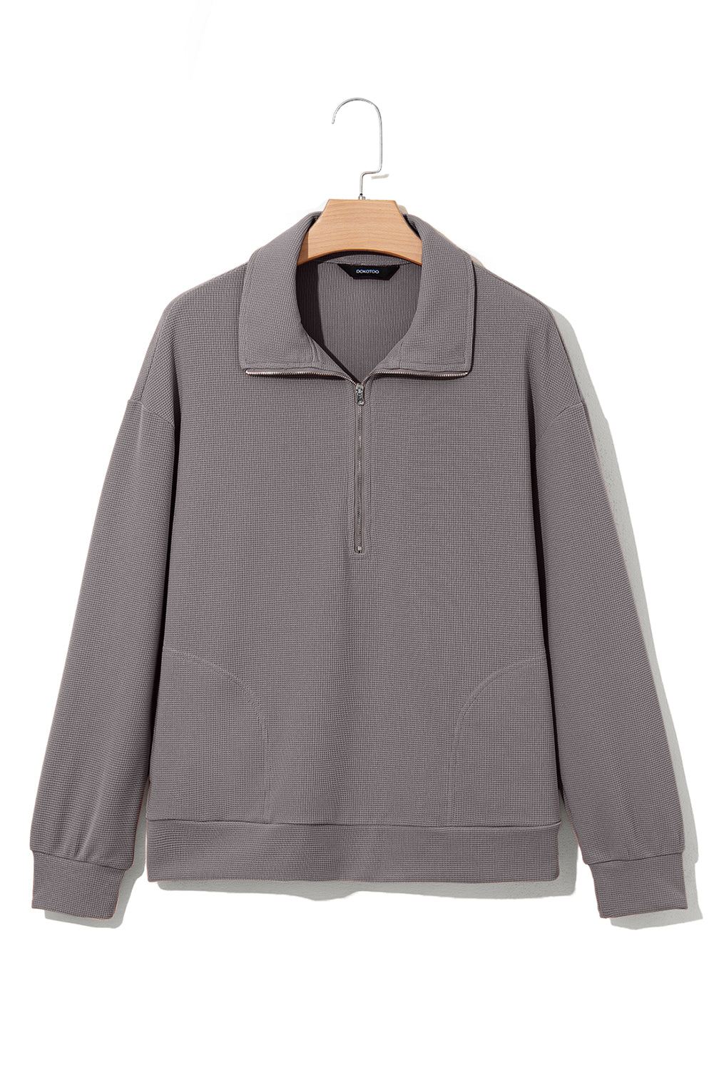 Gray Waffle Texture Collar Half Zip Pocketed Drop Shoulder Sweatshirt