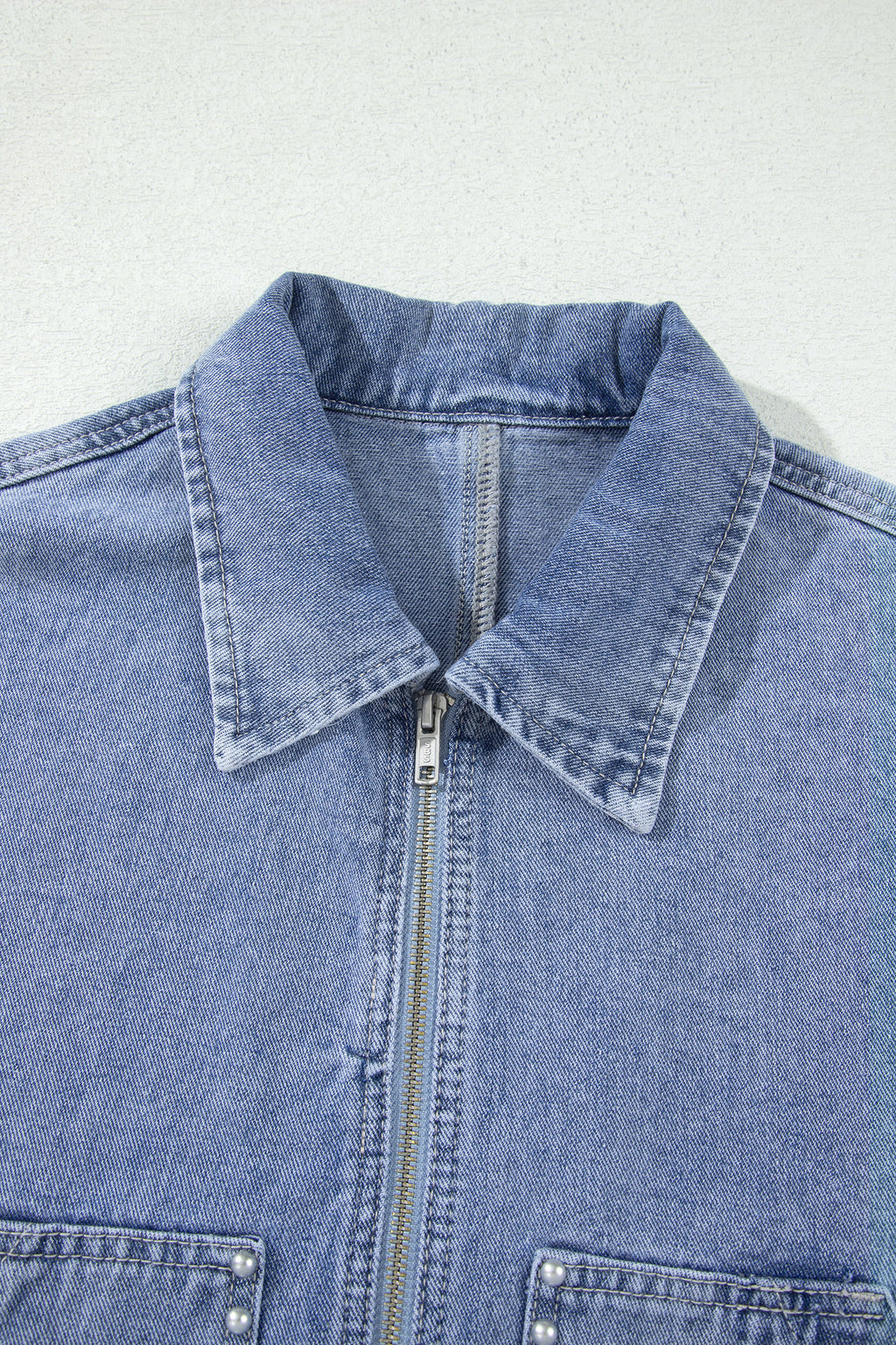 Beau Blue Studded Metal Zipper Rivet Pockets Long Sleeve Denim Jacket