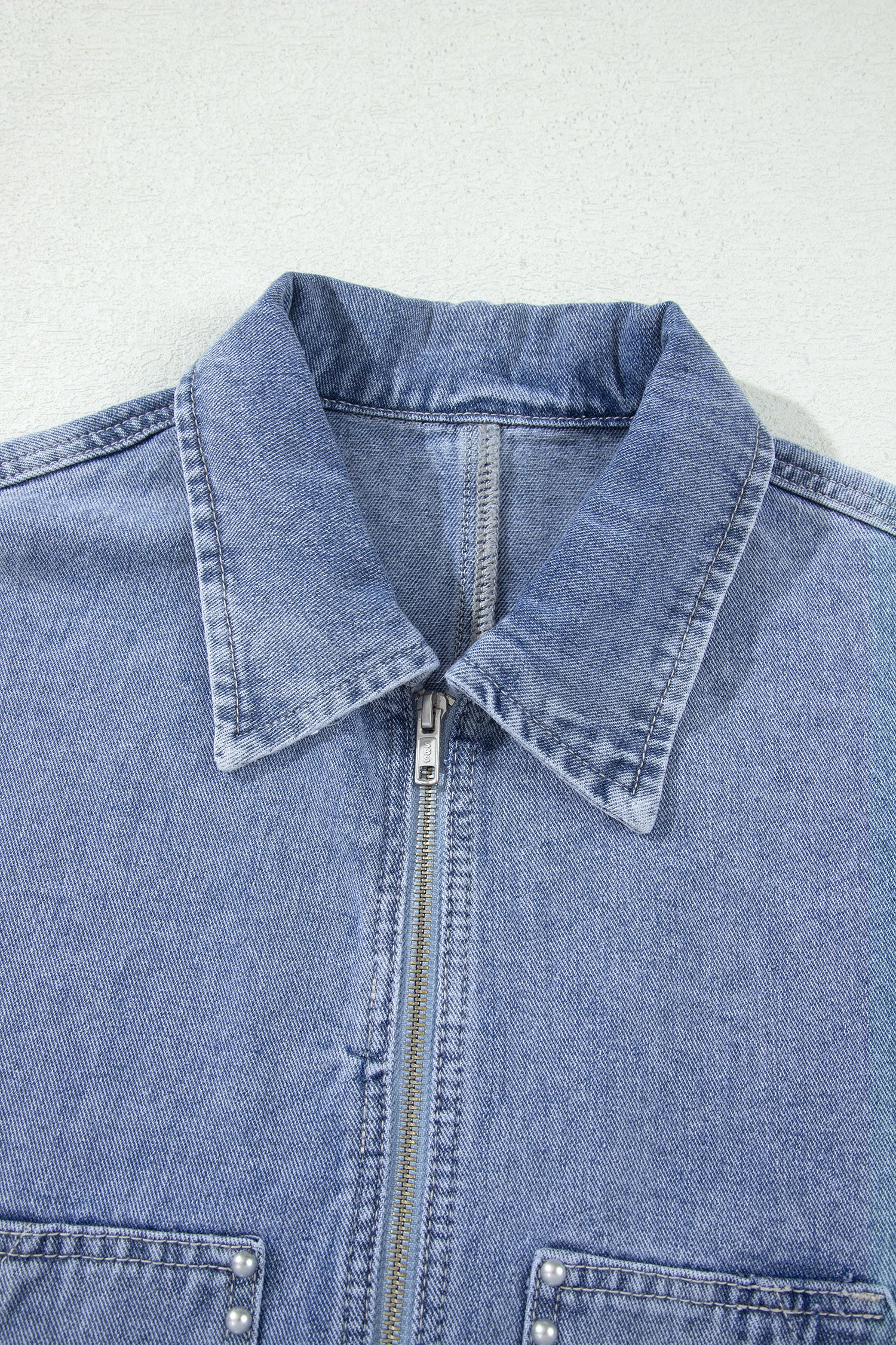 Beau Blue Studded Metal Zipper Rivet Pockets Long Sleeve Denim Jacket
