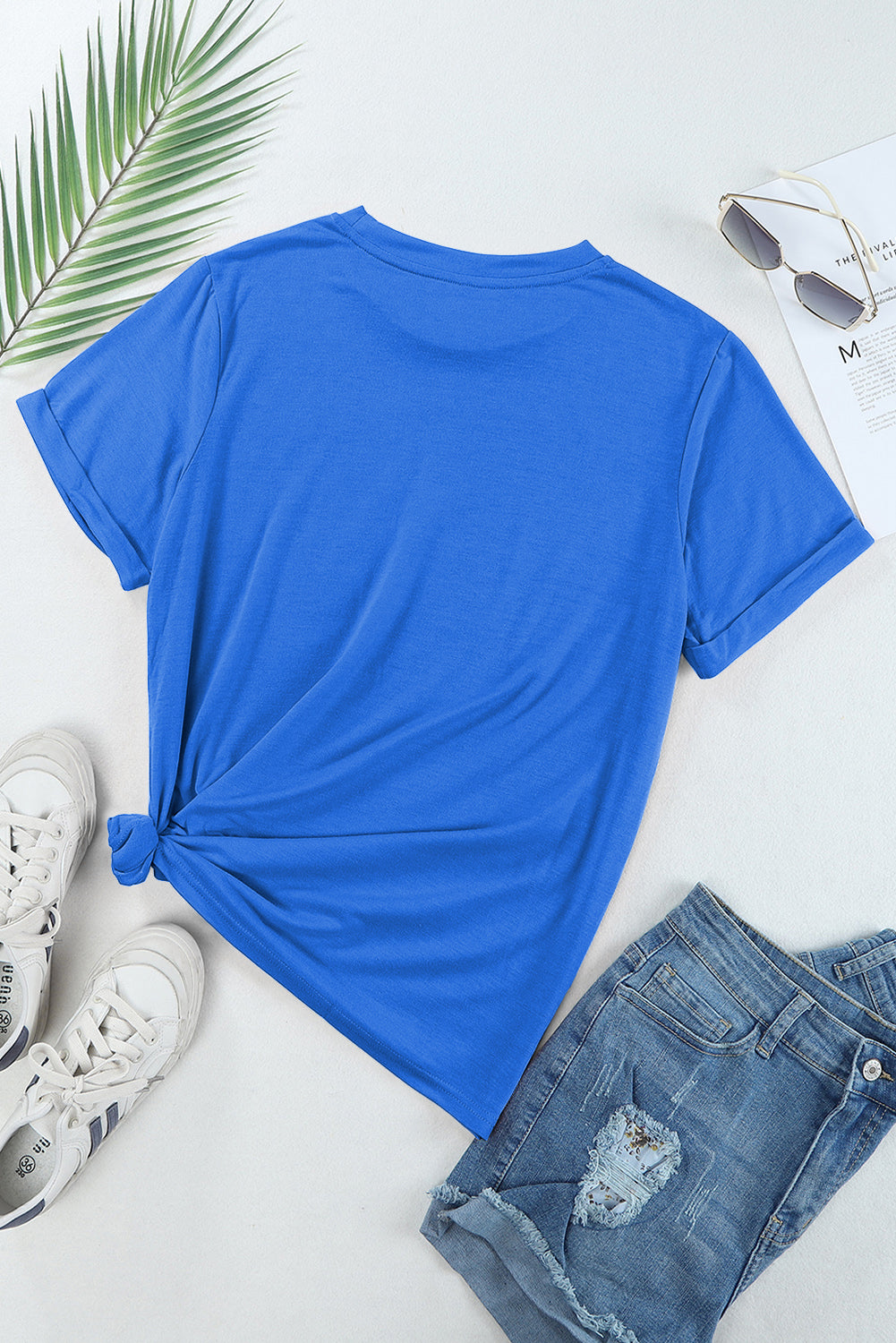 Sachet Pink Solid Color Basic Crew Neck Plain Tee