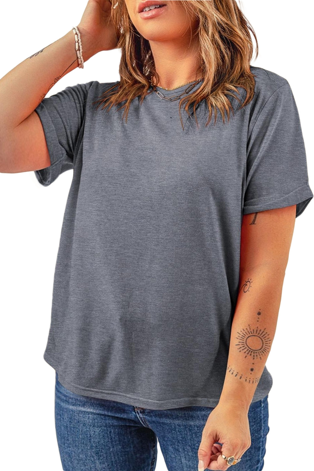 Sachet Pink Solid Color Basic Crew Neck Plain Tee