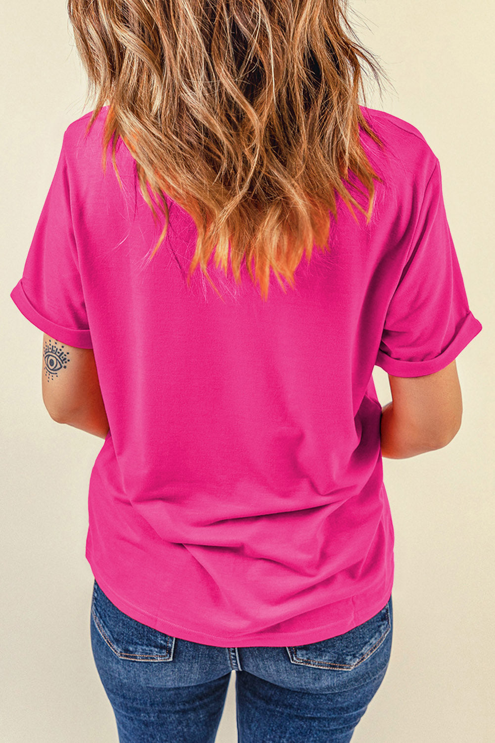 Sachet Pink Solid Color Basic Crew Neck Plain Tee