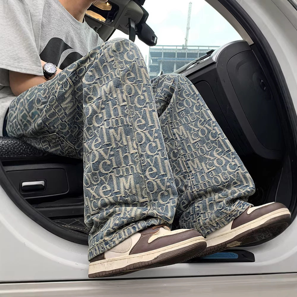 Floral Print Denim Pants Men Unique Design Flared Pants