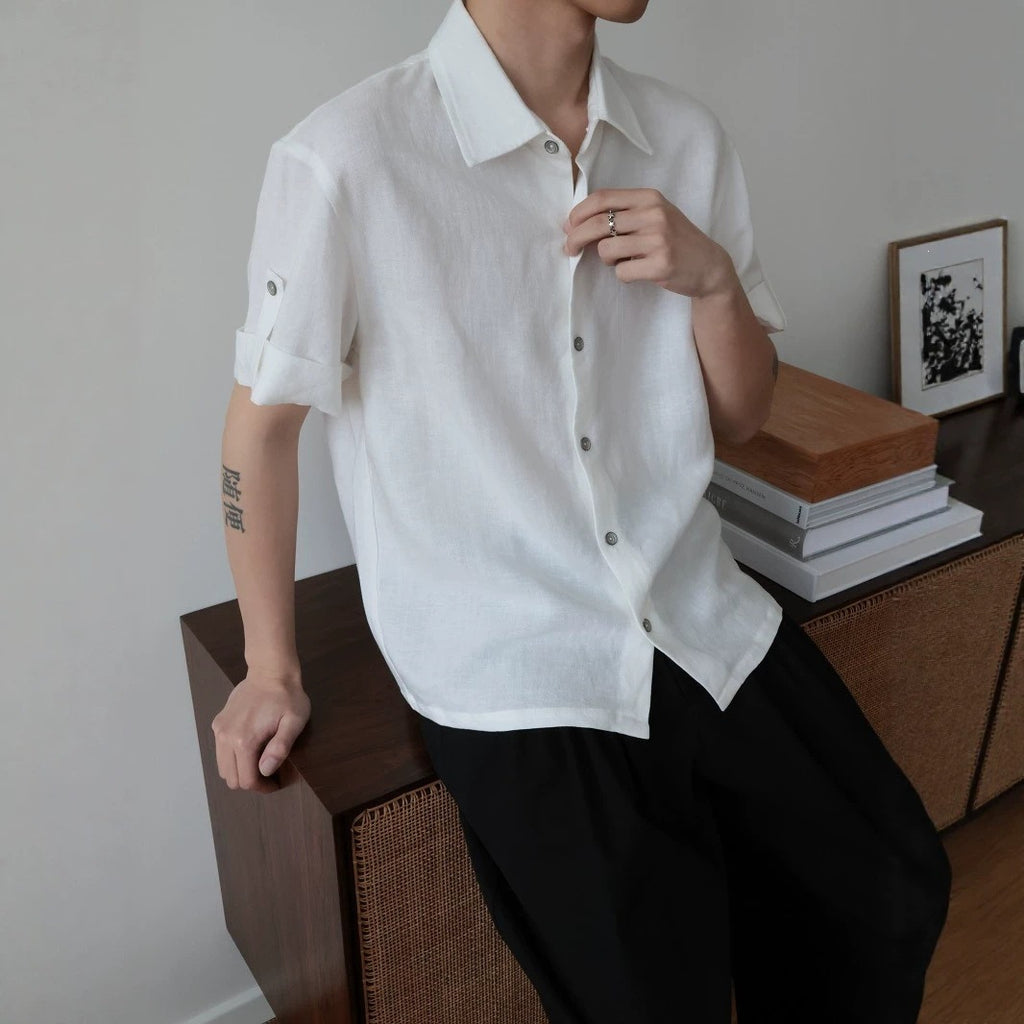 Linen Tencel Lyocell Classic Fit Cuffed Button-Up Casual Short Sleeve Shirt