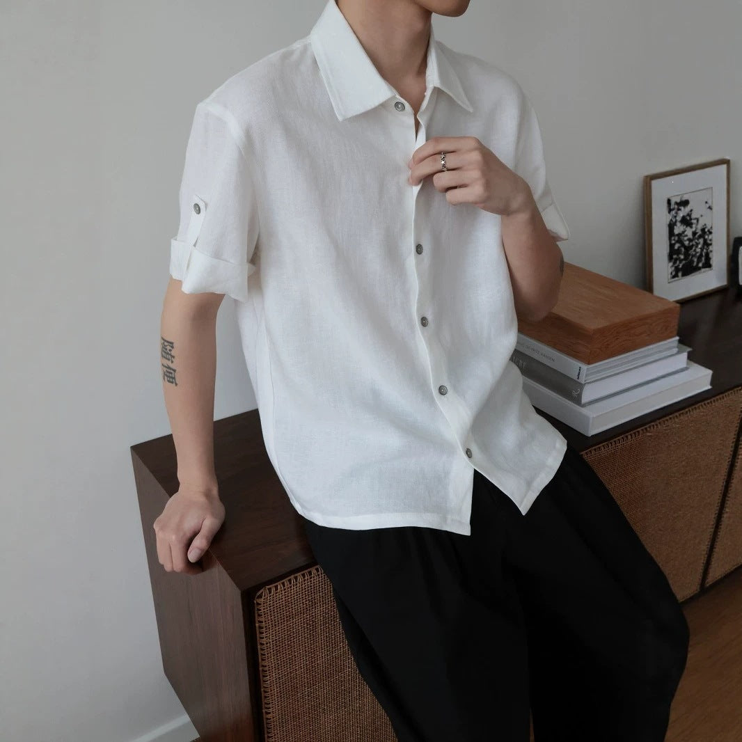 Linen Tencel Lyocell Classic Fit Cuffed Button-Up Casual Short Sleeve Shirt