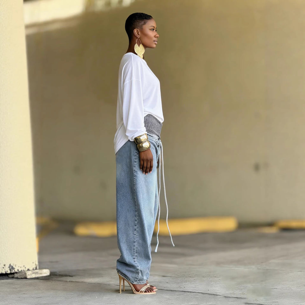Washed Distressed Ribbed Elastic Waist Wide Leg Jeans